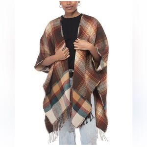 NWT Reversible Sonoma Women's Plaid Poncho - Brown and Cream
